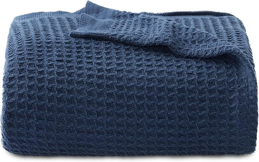 Bedsure Gentlesoft 100% Cotton Throw Blanket for Couch 50x70 inches - Cooling Breathable and Soft for Spring Summer, Waffle Weave Throw Blanket for Office, Navy