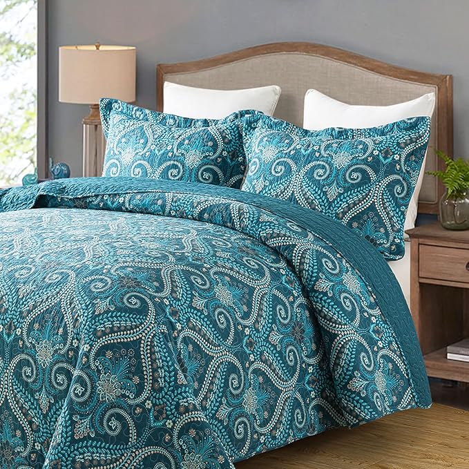 Travan 3-Piece Cotton Quilt Set Quilted Bedding Set for All Season, Cyan Blue Flower, Queen Size