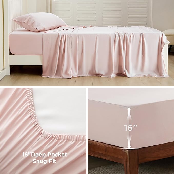 Bedsure Cooling Sheets Twin XL, Rayon Derived from Bamboo, PureWoven, Breathable & Soft Twin XL Sheet Sets, Deep Pocket Up to 16 Inches, Hotel Luxury Silky Dorm Bedding for Hot Sleepers, Pink
