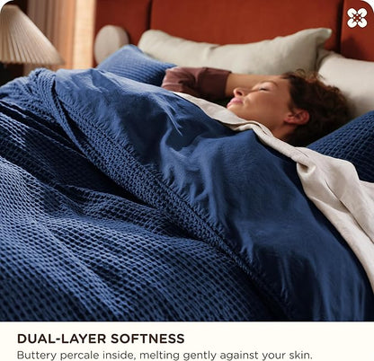 Bedsure Cotton Duvet Cover Set - 100% Cotton Waffle Weave Navy Duvet Cover Oversized King Size, GentleSoft™ and Breathable Bedding Set for All Season, 3 Pieces, 120"x98"