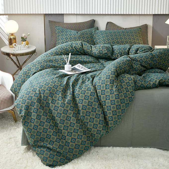 VM VOUGEMARKET Boho Duvet Cover King Geometric Pattern,3Pcs Yarn-Dyed Muslin Cotton Duvet Cover Set Blue Green Flower Bedding Set for Girls Women Without Comforter