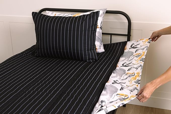 Beddy's Jungle Animal Themed Durable Zipper Bedding for Kids, Bed in a Bag, Black Striped Comforter & Animal Print Sheets, Includes 2 Pillowcases & 2 Pillow Shams, Easy to Make & Wash - Full
