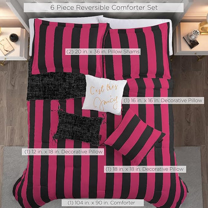 Juicy Couture Cabana Stripe Reversible Bedding Set - King Size - Black and Hot Pink Stripe Print – 6 Piece Set – Includes 1 104" x 90" Comforter, 3 Decorative Pillows, 2 Shams