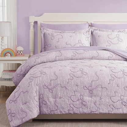Geniospin Light Purple Queen Comforter Set for Girls- 7 Pieces Bowknot Jacquard Bed in A Bag Queen Bedding Sets with Sheets, Pillowcases & Shams, All Season Kids Comforter Set