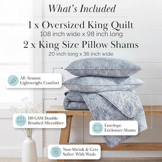 Southshore Fine Living, Inc. Extra Large King Size Quilts, Paisley Quilt, Blue and White Bedspread, 3-Piece Bohemian Bedding Set with Two Matching Shams, California/King, Reversible Blue