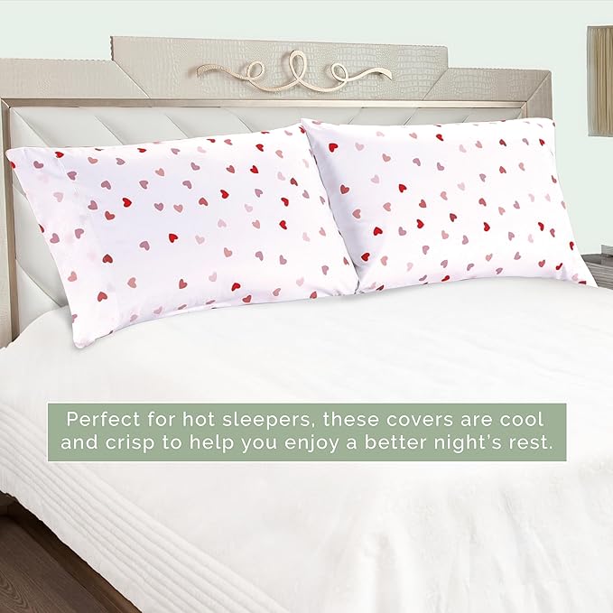 Elegant Comfort Ultra Soft Set of 2 Hearts Print Pillowcases - 1500 Premium Hotel Quality Microfiber, Soft and Smooth Envelope Closure 2-Piece Pillow Covers - Standard/Queen, Valentina