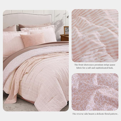 Queen Comforter Set - 7 Pieces Pink Gauze Muslin Bedding Sets for All Seasons, Lightweight Breathable Bed in a Bag Queen with Revesible Farmhouse Comforter, Sheets, Pillowcases & Shams