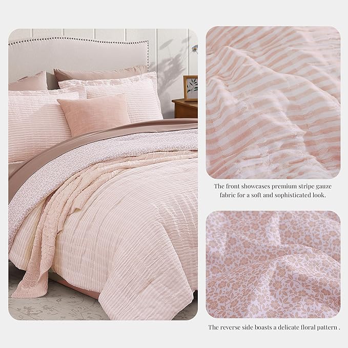 King Comforter Set - 7 Pieces Pink Gauze Muslin Bedding Sets for All Seasons, Lightweight Breathable Bed in a Bag King with Revesible Farmhouse Comforter, Sheets, Pillowcases & Shams