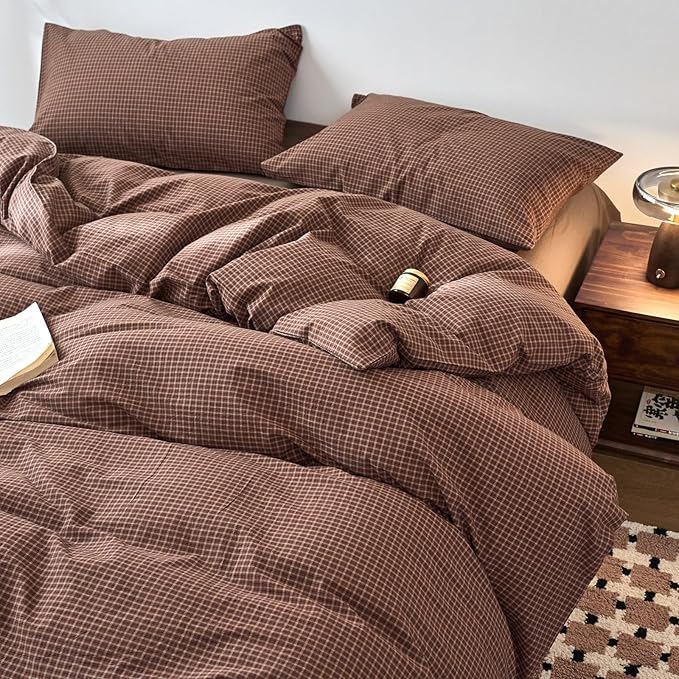 Gingham Duvet Covers Twin Brown Washed Cotton Comforter Cover Twin Plaid Checkered Boho Zipper Duvet Cover Set with Corner Ties Farmhouse Dorm Bedding Set Caramel Duvet Protector