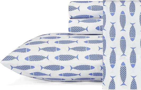 Nautica - Full Size Sheet Set, Crisp & Cool Cotton Percale Bedding with a Lightweight & Breathable Feel, Bed Sheets with Fitted Sheet & Matching Pillowcases (Woodblock Fish Blue)