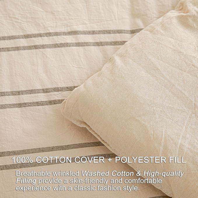 Cyusri Cotton Stripe Twin Comforter Set - Soft Lightweight Bedding 2 Pieces Dyed Bed Set with 1 Pillow Shams,Reversible All Season Farmhouse Down Alternative(Twin Size 68"x90" Beige)