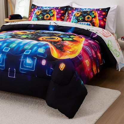Aimuan Gamer Gaming Bedding Sets 3D Gamepad Comforter Sets for Boys Games Console Action Buttons Novelty Colorful Game Controller Modern Room Decor Home Quilt Set (Black-Blue, Twin)