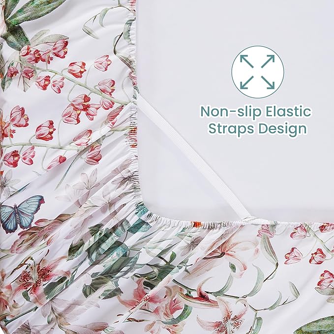Softan Green Floral Queen Sheet Set, Cozy Microfiber Butterfly Printed Fitted Bed Sheet with 15" Deep Pockets & Corner Non-Slip Straps, Botanical Patterned Sheets & Pillowcase Set