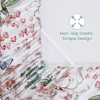 Softan Green Floral Queen Sheet Set, Cozy Microfiber Butterfly Printed Fitted Bed Sheet with 15" Deep Pockets & Corner Non-Slip Straps, Botanical Patterned Sheets & Pillowcase Set