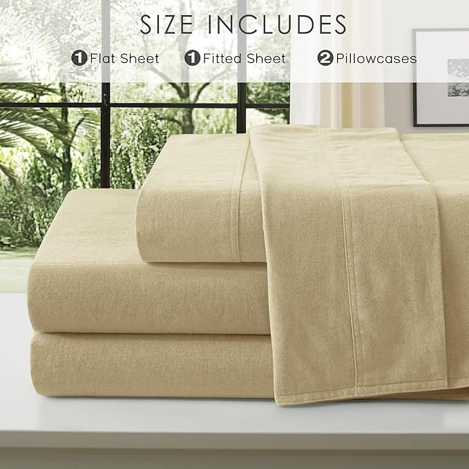 4Pcs Organic Linen Sheets King Size, 100% French Linen from Normandy, Breathable Linen Yellow King Sheet Set with 16 Inch Deep Pocket, 1 Flat Sheet, 1 Fitted Sheet, 2 Pillowcases