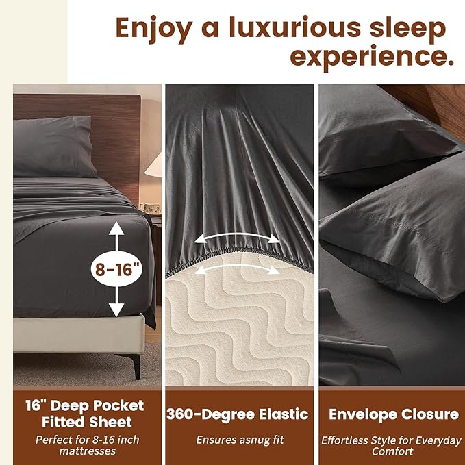 100% Linen Sheets King Size,Breathable & Durable 4-Piece Bed Flax Sheet Set,Soft All-Season Bedding for Hot Sleepers 16" Deep Pocket Oeko-TEX Certified,（King, Dark Grey）