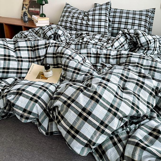 mixinni Vintage Grey & Pale Blue Buffalo Plaid Duvet Cover Set Twin Size - 3 Piece Washed Cotton Bedding Set with Grid Pattern, Soft & Breathable Duvet Cover with Pillowcases for Boys, Men& Women
