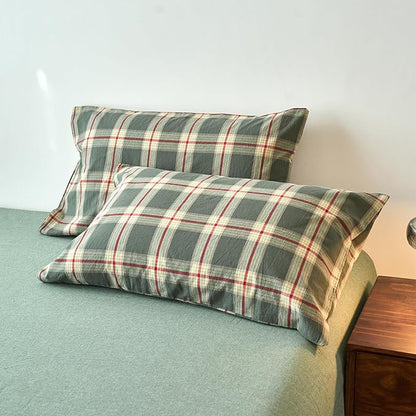 EAVD Vintage Style Green Plaid Duvet Cover Queen Soft 100% Washed Cotton Red Green Grid Checkered Bedding Set with 2 Pillowcases Retro Farmhouse Geometric Grid Duvet Cover with Zipper Closure
