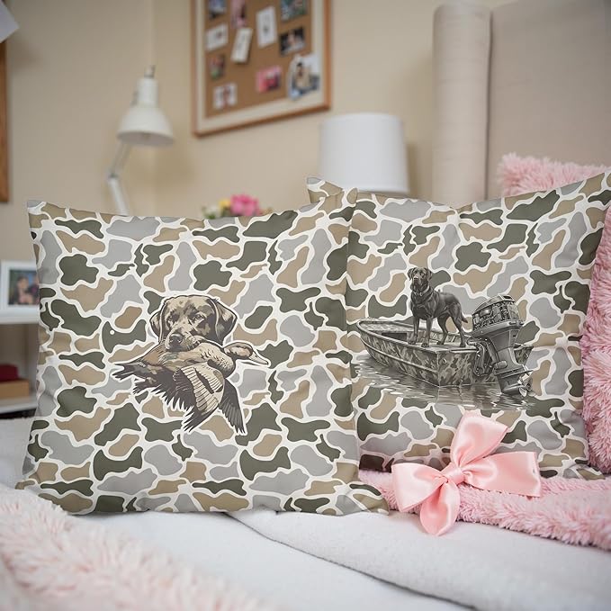 Vintage Camo Labrador Retriever Mallard Duck Throw Pillow Covers 18x18 Set of 2, Dog Hunting Pillowcase, Camouflage Farm Animal Decorative Pillow Covers,Camouflage Wild Animal Decor（83）