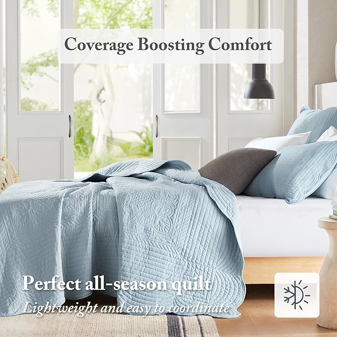 Madison Park Queen Quilt Set Damask Coverlet Set for Queen Size Bed, Cottage Oversized Quilt Set, Scallop Edge, All Season, Pre-Washed Cotton-Filled Queen Size Quilt, Tuscany, Full/Queen Blue 3 Piece
