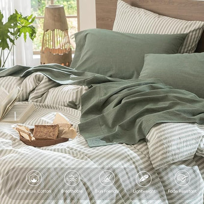 MooMee Bedding Sheet Set 100% Washed Cotton Linen Like Textured Breathable Durable Soft Comfy (Heathered Green, Queen)