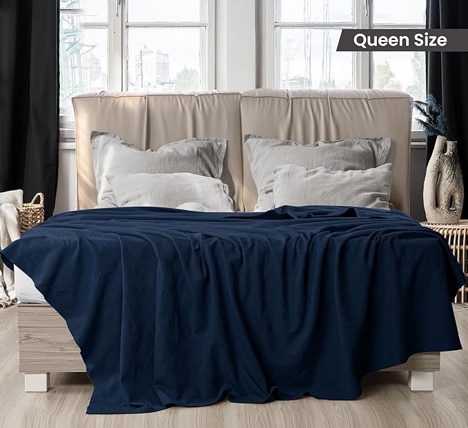 Utopia Bedding Navy 100% Cotton Blanket [Queen Size - 90x90 Inch] Lightweight, Soft and Breathable Thermal Blanket for All Seasons
