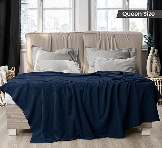 Utopia Bedding Navy 100% Cotton Blanket [Queen Size - 90x90 Inch] Lightweight, Soft and Breathable Thermal Blanket for All Seasons