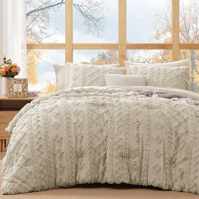 WRENSONGE Full Size Comforter Set with Sheets - 7 Pieces Beige Tufted Bed in a Bag Full Shabby Chic Bedding Sets with 1 Comforter, 2 Sheets, 2 Pillowcases & 2 Shams