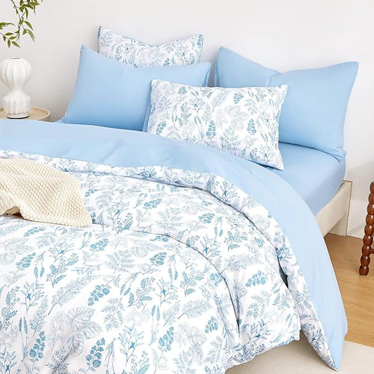 Wake In Cloud - Floral Duvet Cover Set, Botanical Vintage Flower Coquette Cottagecore Aesthetic for Women Teen Girls, Soft Lightweight Bedding, 3-Piece, Blue, Queen Size