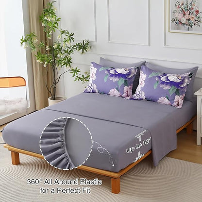 Dobuyly Floral Comforter Set King Size 7 Piece Bed in a Bag, Purple Pink Flower Comforter Set with Sheets, Soft Microfiber Botanical Flower Bedding Set for All Season