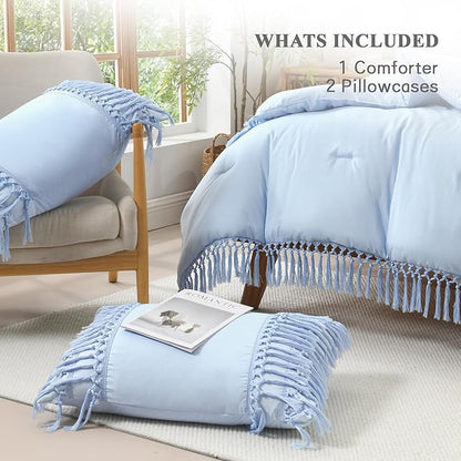 Andency Light Blue Comforter Set California King, 3 Pieces Boho Cal King Tassel Lightweight Soft Bedding Comforter Sets, Oversized Bed Set (104x96In Comforter & 2 Pillowcases)