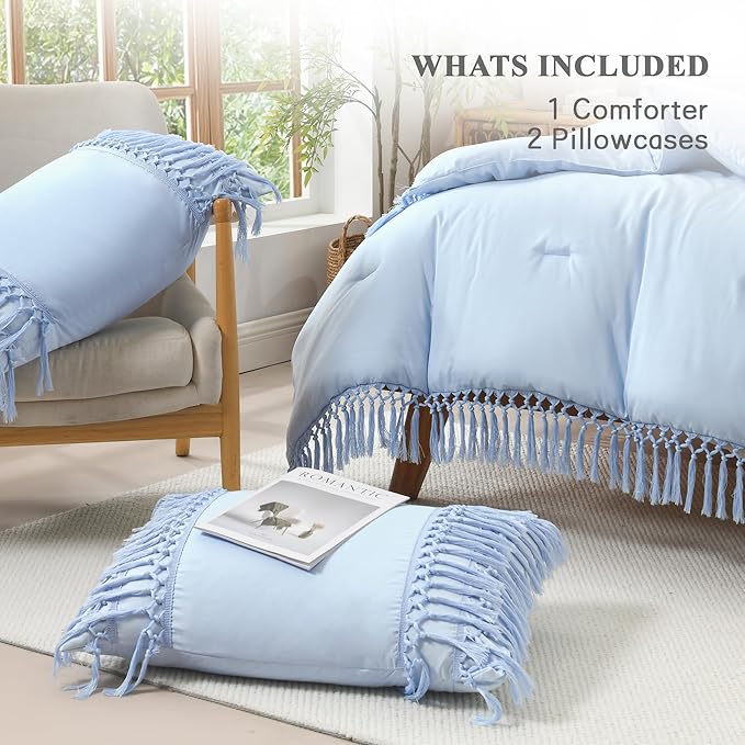 Andency Queen Comforter Set Light Blue, 3 Pieces Boho Lightweight Fall Bedding Comforter Sets, Tassel Bed Set (90x90In Comforter & 2 Pillowcases)