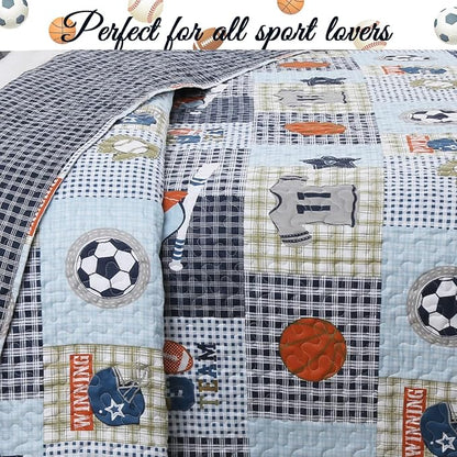 Cozy Line Home Fashions Blue Sports Baseball Basketball Soccer Ball Football Quilt Set Bedspread Coverlet for Boys Kids (Sport, Twin - 2 Piece)