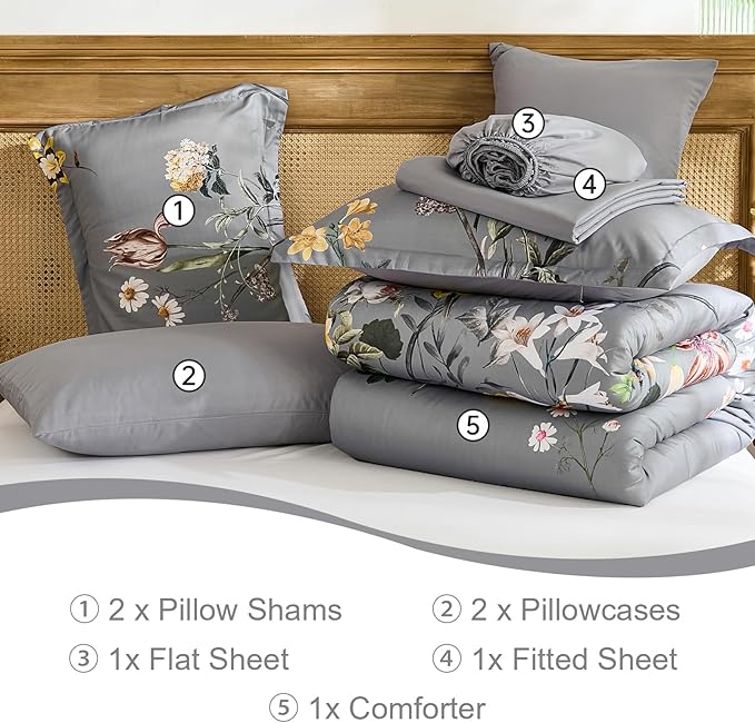 WONGS BEDDING King Comforter Set 7 Piece, Grey Floral Bed in a Bag Bedding Set with Botanical Flowers Patterns, Soft Lightweight Complete Comforters with Sheets for All Season