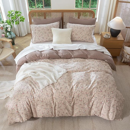 Queen Size Comforter Set Floral Soft 3 Pieces Chic Crinkle Gauze Fabric Garden Style Vintage Floral Print Botanical Comforter for All Seasons Luxury Warmth Comfy Breathable with 2 Pillowcases