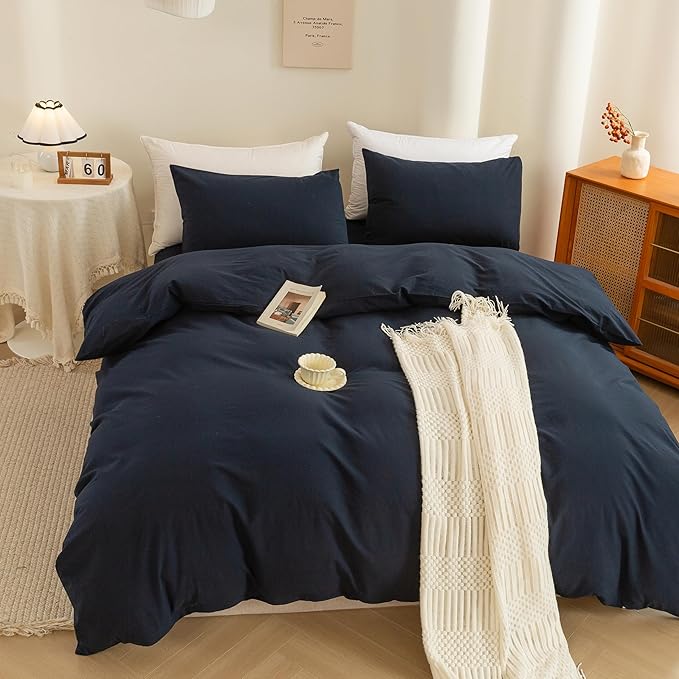 ECOCOTT Navy Blue Duvet Cover Queen Size, 100% Washed Cotton 3 Piece Bedding Set 1 Duvet Cover with Zipper and 2 Pillowcases, Ultra Soft and Easy Care Breathable Duvet Cover(Navy Blue, Queen)