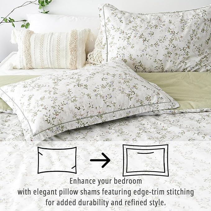 Botanical Cotton Comforter King Size - Tender Green Comforter Printed with Leafy Branches & Purple Stamens on Off-White,Reversible Lightweight Bedding Sets 3Pcs