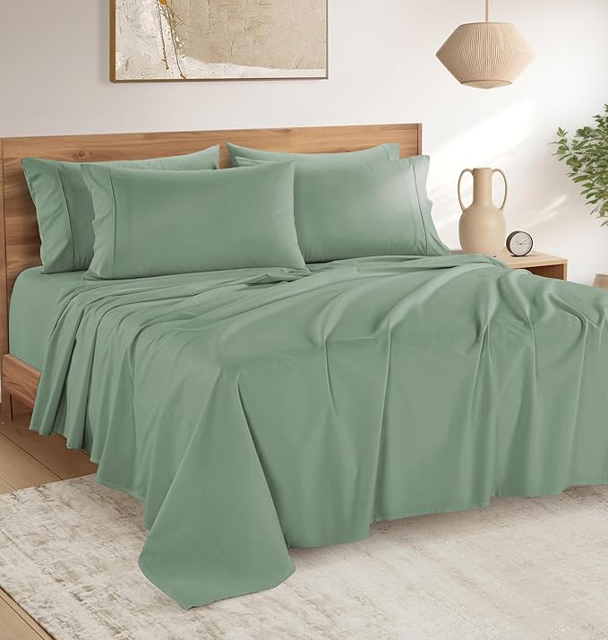 Casa Platino King Sheet Set – 100% Cotton Sheets with 4 Pillowcases, Crisp Percale Weave & Cozy Feel, Cooling & Breathable King Bed Sheets with 15" Deep Pocket, Excellent Quality & Fit – Sage Green