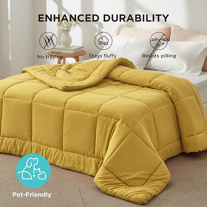 Bedsure Comforter Duvet Insert - Quilted Comforters Twin XL Size, All Season Duvet, GentleSoft Down Alternative Bedding Blanket, with 8 Tabs, Gifts for Women/Men, Mustard Yellow, Twin XL 92x68 Inches