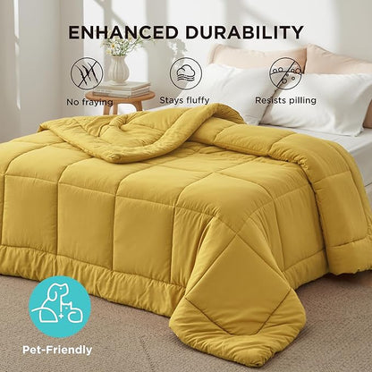 Bedsure Comforter Duvet Insert - Quilted Comforters Twin Size, All Season Duvet, GentleSoft Down Alternative Bedding Blanket, with 8 Tabs, Gifts for Women/Men, Mustard Yellow, Twin 88 x 68 Inches