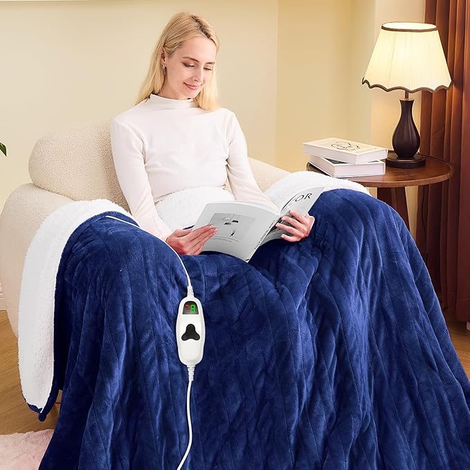 greenoak Heated Blanket Electric Full 72"X84", Heating Blanket with 10 Heat Levels 1/2/4/6/8 Hours Auto-Off Overheat Protection, Flannel Sherpa Soft Warm Heater Blanket, ETL Certified Midnight Blue