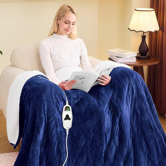 greenoak Heated Blanket Electric Twin 62"X84", Heating Blanket with 10 Heat Levels 1/2/4/6/8 Hours Auto-Off, Soft Flannel Sherpa Warm Heater Christmas Blanket, Sea Blue