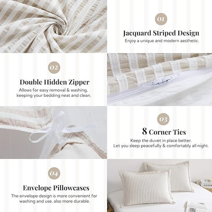 MILDLY Khaki Striped Duvet Cover - 100% Washed Cotton Jacquard Textured Comforter Cover with Dual Zipper Closure & 8 Coner Ties