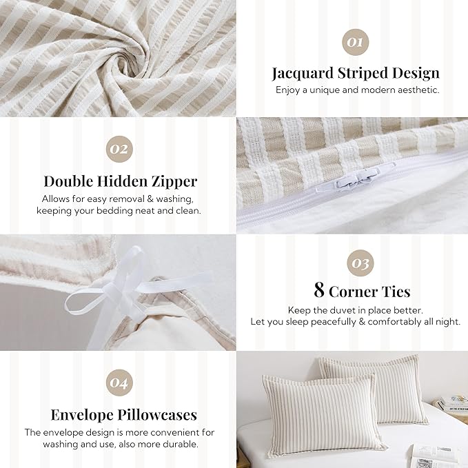 MILDLY Jacquard Stripe Duvet Cover - 100% Washed Cotton Light Khaki Boho Textured Comforter Cover 3pcs with Zipper Closure 90"x90"