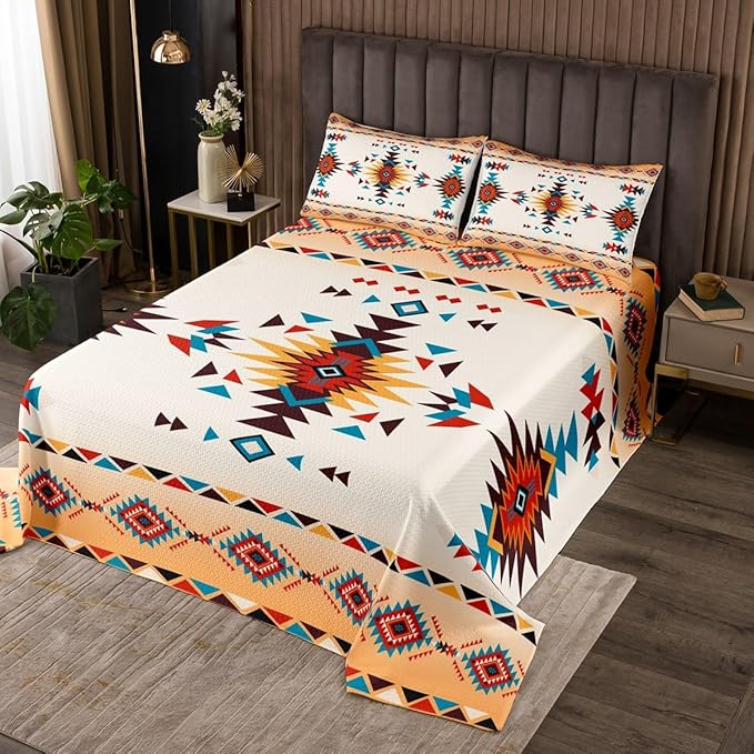 Manfei Geometric Aztec Kids Bedspread Twin Size,Western Cowboy Arrow Grid Patchwork Coverlet Set,Boys Girls Room Decor,Southwest Bohemia Tribal Ethnic Quilted Coverlet,Chic Bedding Quilt,1 Pillowcase