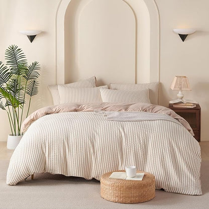 Comforter Queen Set Beige Striped Soft Luxury Washed Microfiber Jacquard 3 Pieces Bedding, White Beige Vertical Ticking Stripes Pattern Comforter with 2 Pillowcases Breathable Durable Comfy