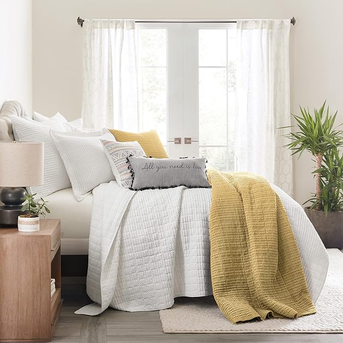 Levtex Home Mills Waffle Full/Queen Quilt Set (88x92in) with 2 Pillow Shams (26x20in) - Ochre - Cotton Waffle Full/Queen Size Quilt Bedding Set - Lightweight, Soft, Pre-Washed