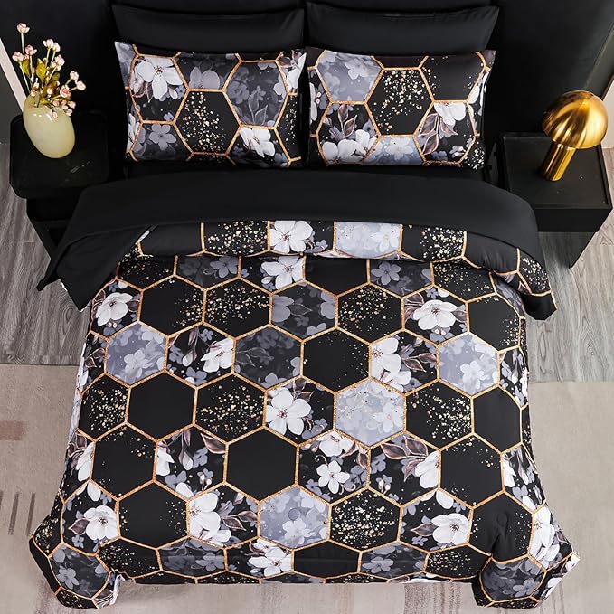 ANGIYUIN Black King Size Comforter Sets Marble Bed in A Bag with Sheets Flowers Bedding Sets for Women Men Gold Geometric Hexagon Print Comforter Bed Sets