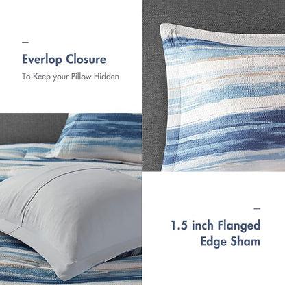 Madison Park Marina Comforter Quilt Combo Set - Modern Luxury Design, All Season Down Alternative Bedding, Matching Shams, Decorative Pillows, King/Cal King(104"x92") Seersucker Blue 8 Piece