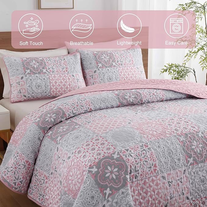 Dobuyly Pink Grey Quilt Set King Size, Boho Plaid Patchwork Bedspreads Coverlet Set, 3 Pieces Soft Lightweight Microfiber Summer Quilt Bedding Set for All Seasons 110"x90"